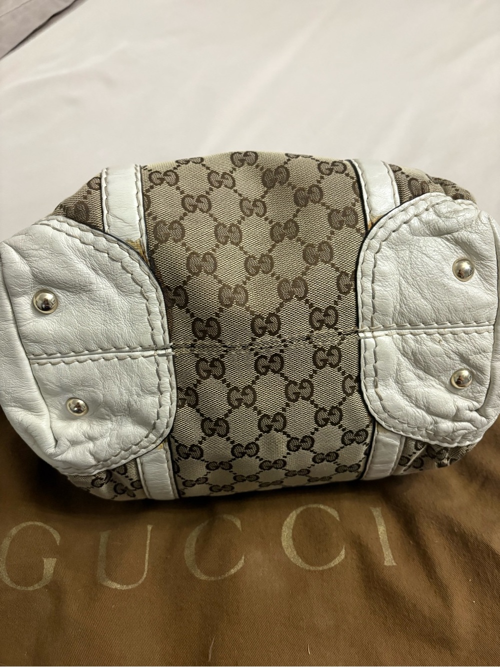 Gucci Beige GG Canvas Satchel with White Leather Trim and Gold Hardware - Picture 4 of 6